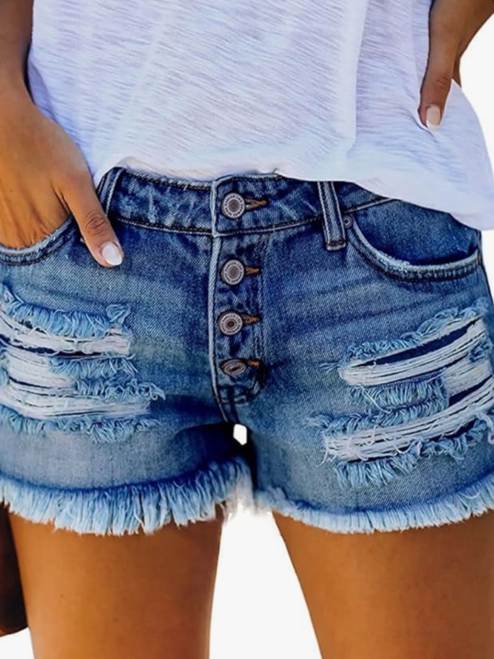 Classic High-Rise Distressed Denim Shorts - Blue